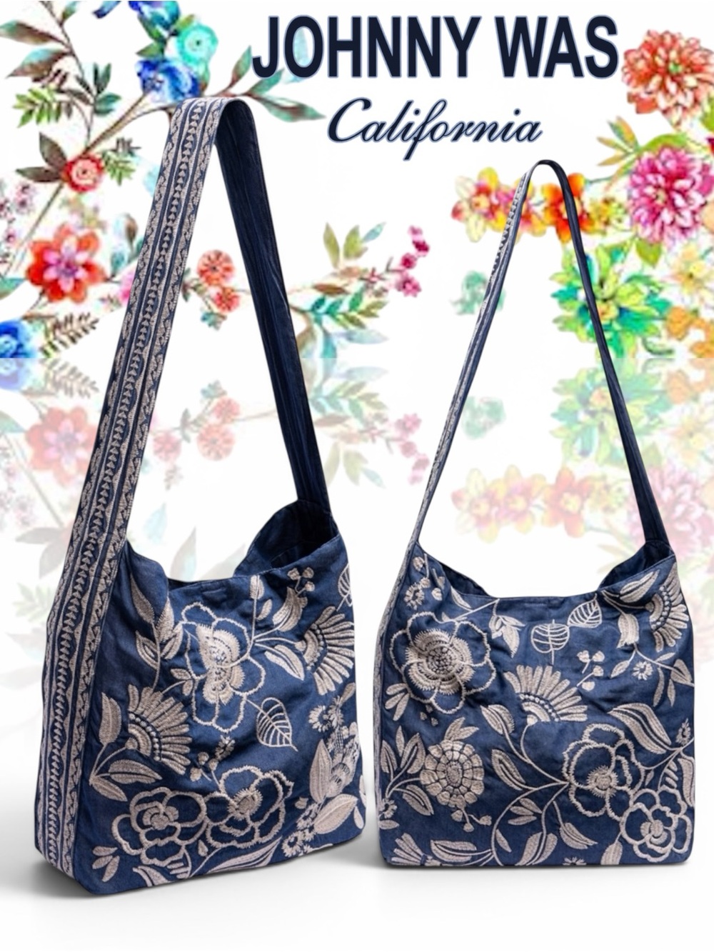NWT Johnny Was Denim Embroidered Lucinda Wide Strap Slouchy Hobo Tote Bag $268